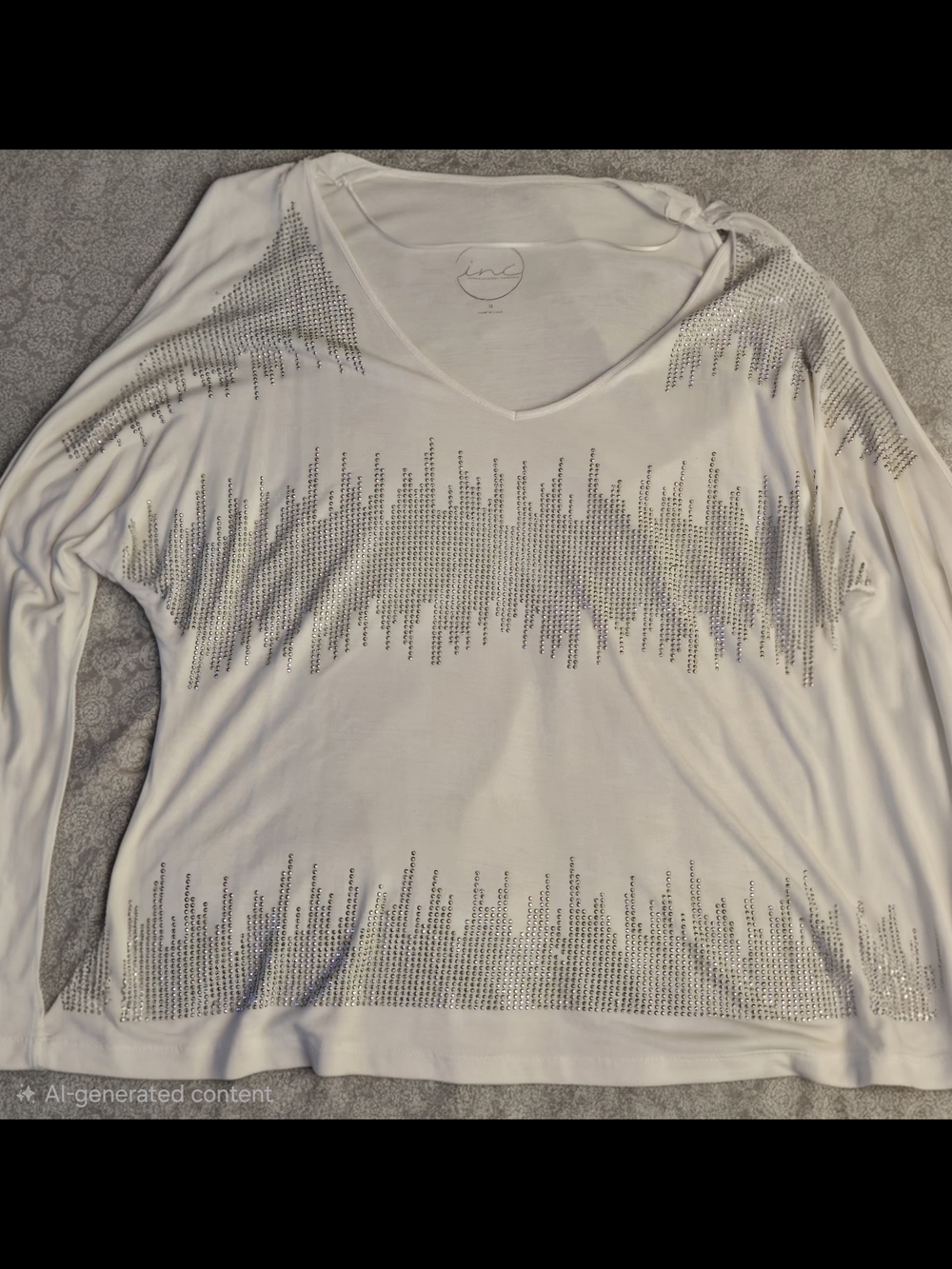 INC International Concepts White Long Sleeve V-Neck Top with Silver Stud Detail